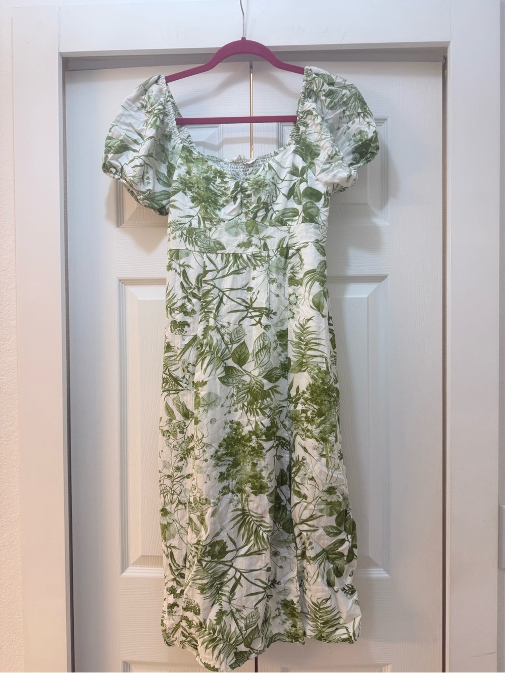 Sweet Wanderer White Dress with Green Botanical Print